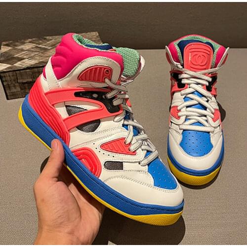 Leather Patchwork Sneakers Plus Size Couple Shoes Mix Color Fashion Designer Trainers Sports Shoes Mesh Fabric Basketball Shoes