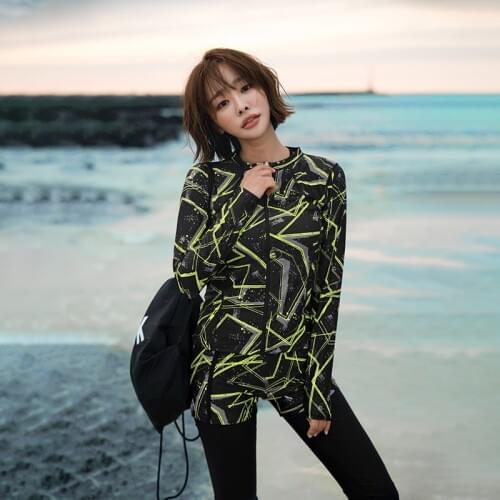 Swimsuit Long Sleeve Skirt Big Size Swimwear Women Bath Suits For Movement Four Piece Female Drying Elastic Print Polyester