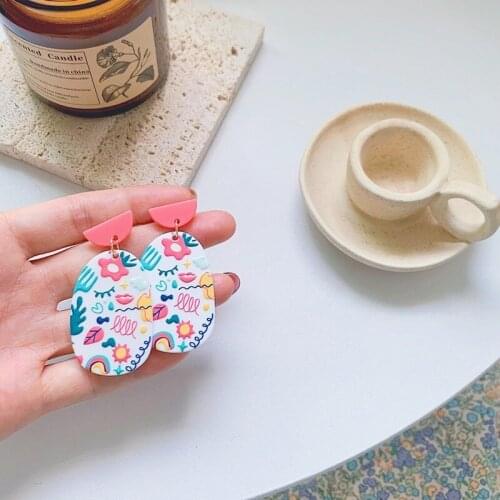 Summer 2021 New Trendy Pink Printed Acrylic Earrings Cute Geometric Oval Drop Earrings for Women Girls Jewelry Birthday Gift