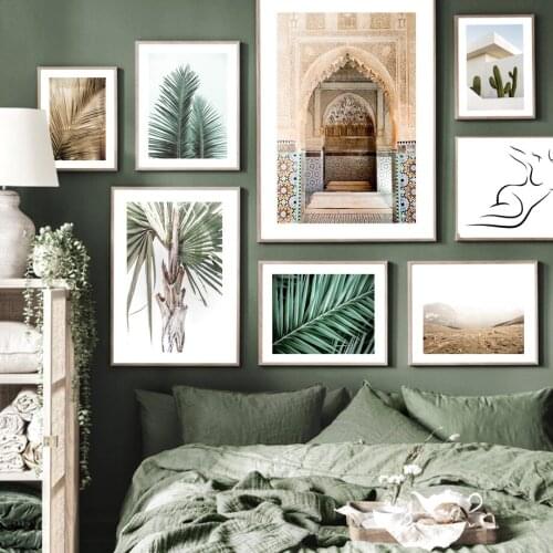 Moroccan Arch Palm Leaves Plant Cactus Meadow Hill Nordic Poster Wall Art Print Canvas Painting Decor Pictures For Living Room
