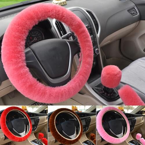 Cute Car Steering Wheel Covers Gear Shift Knob Handbrake Cover Hand Brake Wool Cover Auto Car Pink Black Interior Accessory