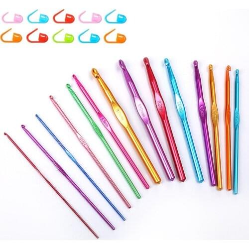 14Sizes Colorful Aluminum Crochet Hook Set Knitting Needles With 10Pcs Stitch Markers Yarn Craft Tools Sewing Tools Accessories