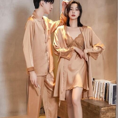 Women Robe Sets Men Rayon Long Sleeve Sleepwear Pyjamas Suit Home Clothing Spring Summer Couple Satin Lace Pajamas Set