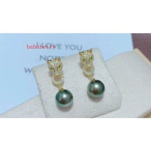New beautiful natural 12MM shell pearl Tibetan silver earrings Leopard head