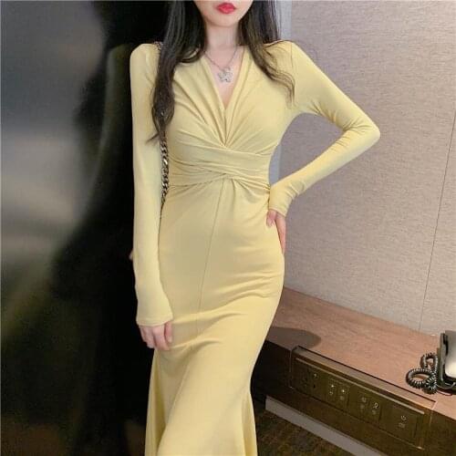 Solid Women Long Sleeve Midi Dress Women Spring Cross V-neck Elegant Bodycon Slim Sexy Party Dresses