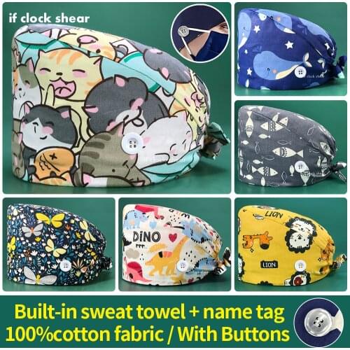 Unisex Cartoon Printing Scrubs Caps Pet Grooming Hospital Hats Dental Clinic Working Caps Health Nurse Accessories Hat Wholesale