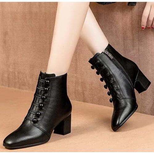 Woman Shoes Woman PU Leisure Button Ankle Round Toe Zipper Bare Boots Square Heel Short Boots Shoes Woman High Heel