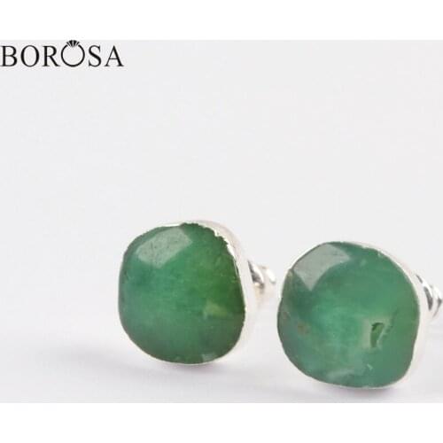 BOROSA Silver Plated Natural Australia Jades Stud Earrings Irregular High Quality Gems Stones Jades Earrings for Women S1653