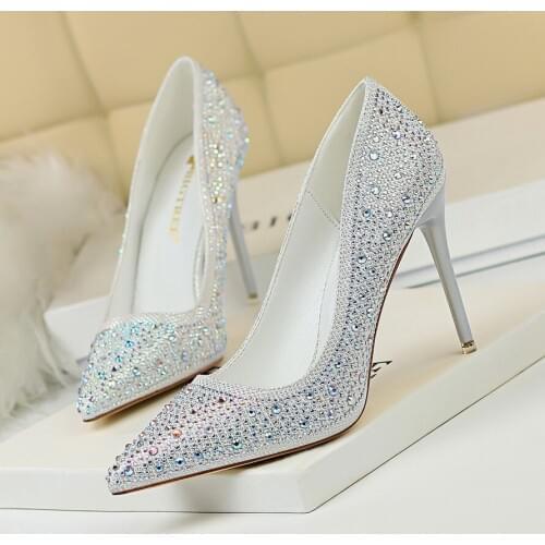 Women Pumps Rhinestone High Heels 10CM Women Shoes Pointed Toe Crystal Bling Silver Female Shoes Party Wedding Shoes chaussures
