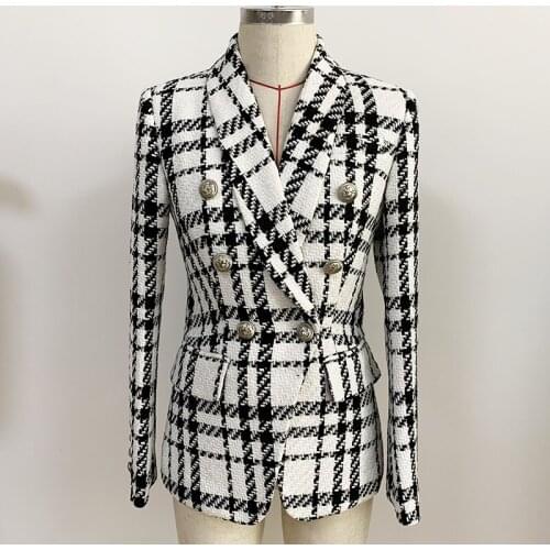 EXCELLENT QUALITY Newest 2021 Designer Blazer Jacket Womens Shawl Collar Double Breasted Lion Buttons Plaid Tweed Blazer