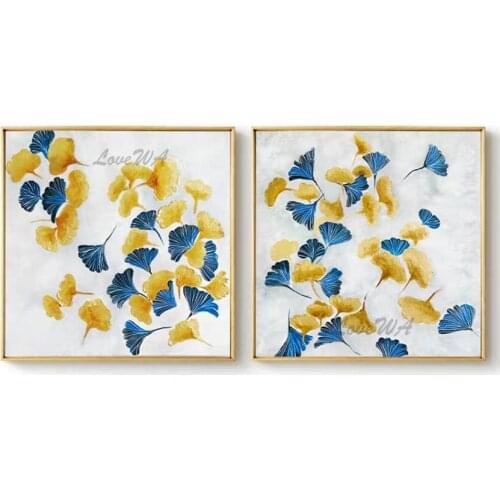 Handmade Gold Ginkgo Leaf 2 Pieces Abstract Oil Painting Canvas Pictures Bedroom Home Decor Colorful Canvas Wall Art Unframed