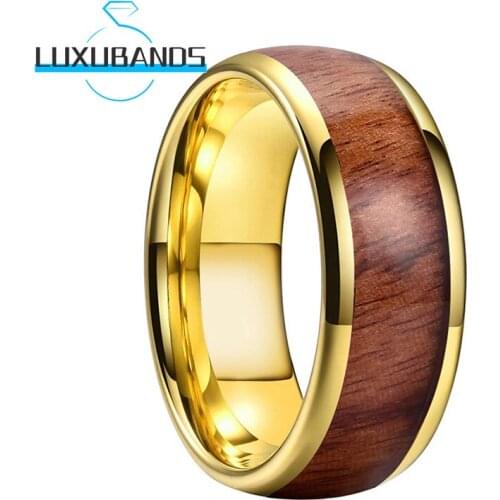 Gold Tungsten Wedding Rings For Mens Womens 8MM Real Wood Inlay Engagement Bands Polished Finished Comfort Fit