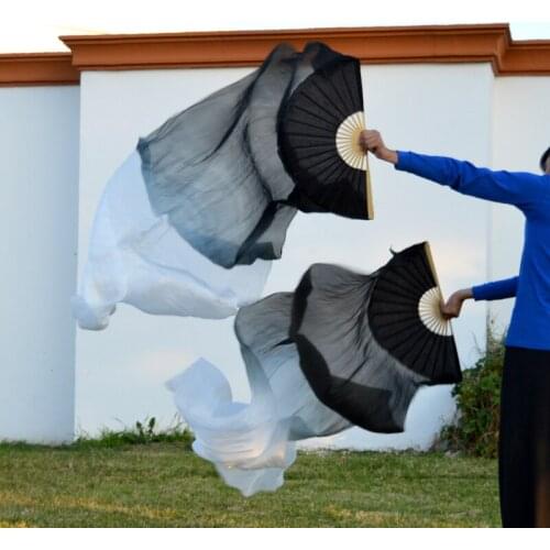 100% Silk Unisex High Quality 1 Pair Belly Dance Fans Left+Right hand Bamboo Ribs Silk Dance Long Fans Gradient Two Colors Fans