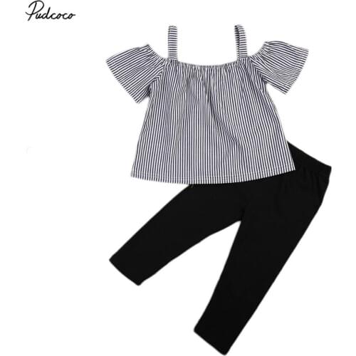 2017 New Summer Kids Baby Girls Off Shoulder Strap Tops Striped Short Sleeve T shirt Long Pants 2pcs Outfits Set