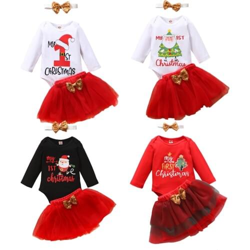 3Pcs Newborn Baby Girls Christmas Sets Long Sleeve Letter Print Romper Tutu Skirts Bow Headband