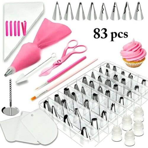 83PCS Cake Baking Accessories Stainless Steel Reusable Pastry Bag Cake Smoother Flower Nail Piping Nozzles Cake Decorating Tools