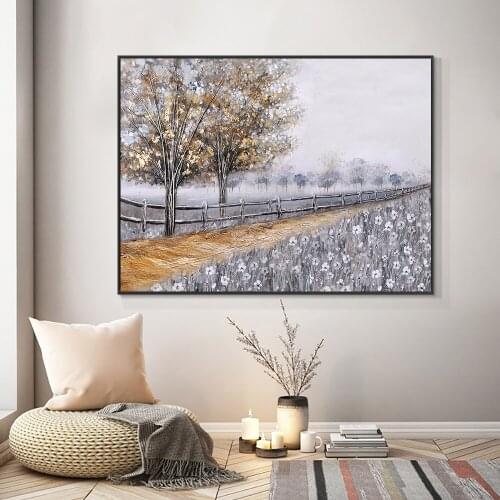 Abstract Brown Trees Yellow Road White Flower Oil Painting 100% Hand Painted On Canvas Modern Landscape Wall Art For Home Decor