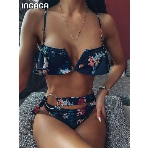 INGAGA High Waist Bikinis Swimsuits Deep V Swimwear Women Sexy Ruffle Biquini Bathing Suit Women High Waist Bikini Set Beachwear