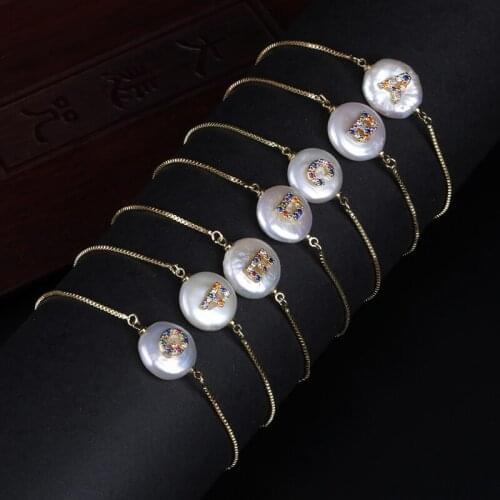 Rainbow Colors CZ Gold Bracelet 26 Initial Alphabet Letter Natural Freshwater Pearl Bracelet For Women Girl Name Jewelry