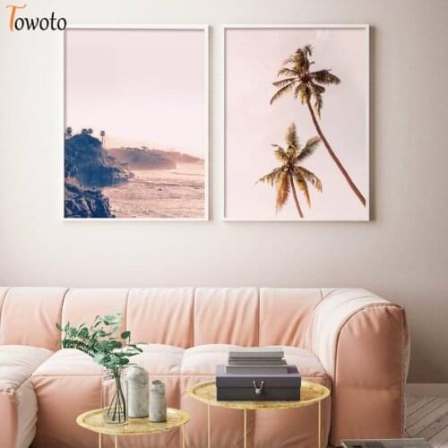 Seascape Canvas Painting Ocean Wave Art Print Palm Poster Pink Pastel Color Wall Art Decoration Pictures Coastal Wall Decor