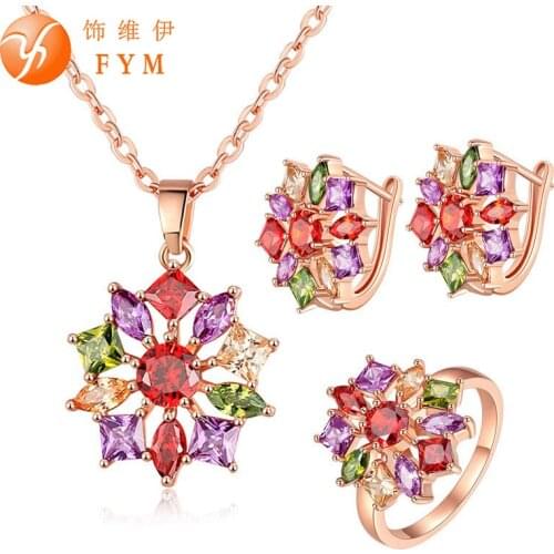 FYM Brand Ring Size 7-8 Rose Gold Color Colorful Zircon Necklace Earring Set High Quality Cubic Zirconia Women Jewelry Sets