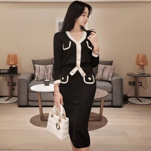 ZAWFL Winter Suit Skirt V-neck Colorblock Single Breasted Cardigan Sweater Knitted 2 Pieces Suits Work Business Knit Set