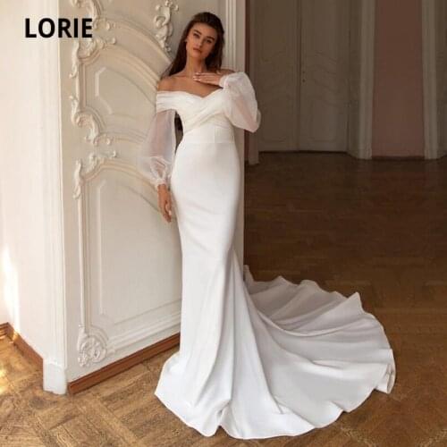 LORIE Puff Sleeve Wedding Dresses off the Shoulder Mermaid Wedding Gown White Ivory Elastic Chiffon Bridal Dress suknia ślubna