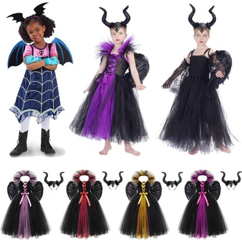 Maleficent Devil Queen Tutu Costume Halloween Girls Fancy Tutu Dress with Feather Shawl Royal Kids Vampire Disguise Outfits