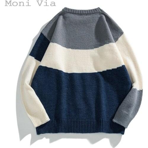 2021 Trendy Mens Sweater Retro Striped Round Collar Warm Loose Pullover For Men Japanese Casual All-Match Knitwear Male Sweater