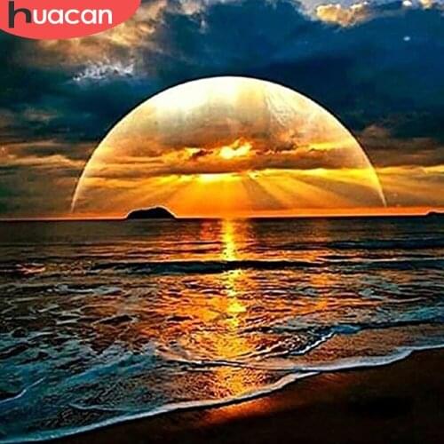 HUACAN Diamond Painting Kit Sunset Seaside Scenery Home Decor Embroidery Beach Landscape Mosaic Diamond Art