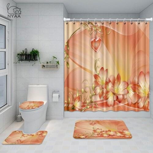 Rose Waterproof Shower Curtain Love Carpet Set Toilet Cover Bath Mat Cushion Cover Bathroom Curtains Valentines Day Present
