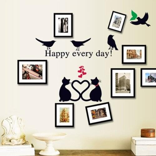 Wall Sticker Home Decoration DIY Photo Frame Family Living Room Bedroom Decals Wallpaper Mural Heart-shaped Bird Cat Removable