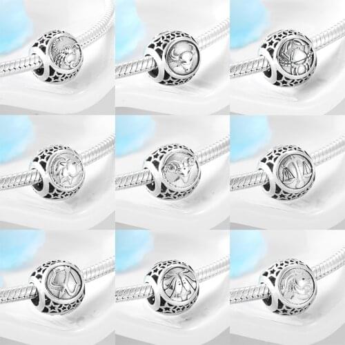 New 925 Sterling Silver Beads for Jewelry Making 12 Constellation Star Zodiac Fit Original Charms Fine Charm Bracelet Necklaces