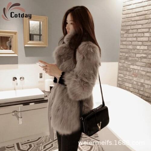 Coatday Solid Casual Slim Suit Collar New 2021 Fashion Women Office Lady Fox Fur Medium Length Coat Plush Coat Womens Coats