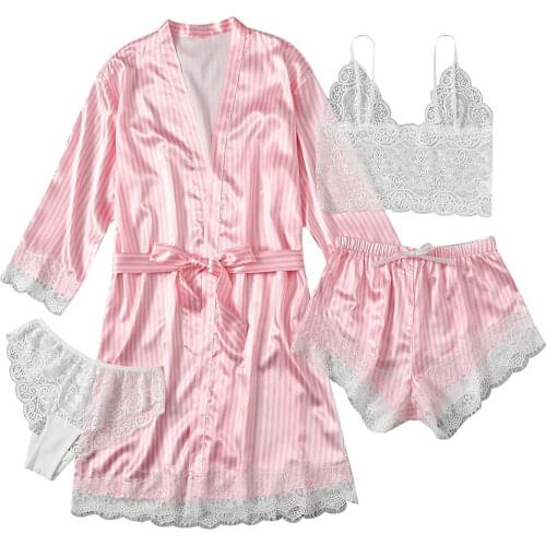Women Sexy Four-piece Pajamas Set, Lace Hem Underwear, Panties, Shorts and Nightgown Female Sleepwear, S/ M/ L/ XL/ XXL