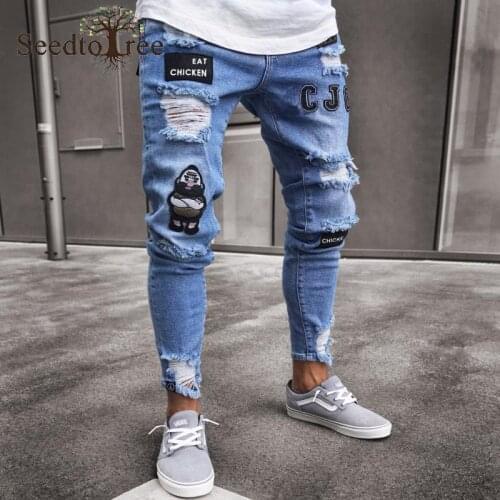 Mens Slim Jeans Hip Hop Badge Stretch Ripped Pants Mens Casual Jeans Pencil Pants Hole jeans