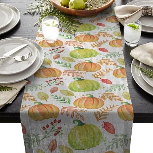 Linen Cotton Table Runners For Wedding Party Home Decoration Autumn Plant Pumpkin Modern Tablecloth New Year Decor