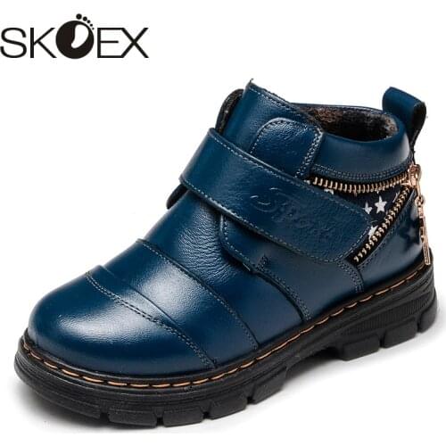 SKOEX Kids Winter Martin Boots Boys Leather Boots Childrens Leather Cotton Shoes Big Child Plus Velvet Waterproof Boots