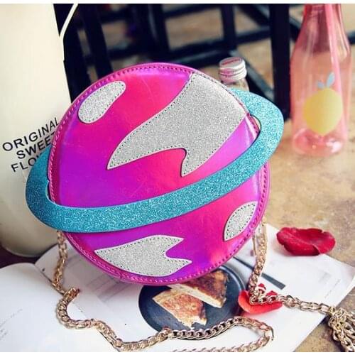 Laser circular planet shape fashion pu leather female chain purse shoulder bag womens crossbody mini messenger bag 2 colors