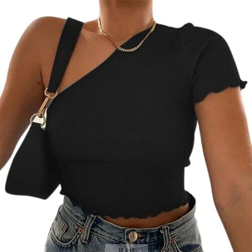 Women tops and bloues Summer Short Sleeve Skin-friendly Solid Color One Shoulder Tank Tops for Dating Womens Crop Top Black xxl