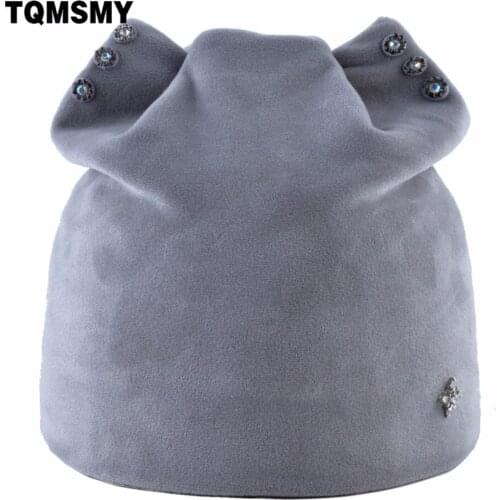 TQMSMY Winter Hats Women Cat Ear Knitted Hat Female Warm Velvet Rhinestones Beanies Hats Women Beanies Skull Cap Hats TMDH83