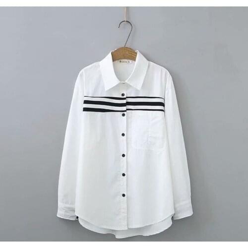 Plus Size Long Sleeve White Tops Womens Oversized XL-3XL Striped BF Stryle Blouse Casual Top