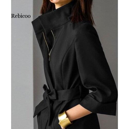 Autumn womens Over the knee Long style Windbreaker casual wild Temperament Black zipper Cardigan Windbreaker Coat female