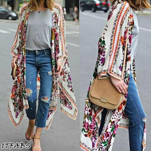 Women Cover Ups Chiffon Kimono Cardigan Floral Leopard Print Asymmetric Boho Outerwear 2020 Summer Long Kimono Plus Size 3XL