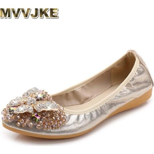 MVVJKE Women Crystal Ballet Flats Size 34-43 2017 Spring Solid Gold Bling Cloth Pointed Toe Slip-On Flat Shoes