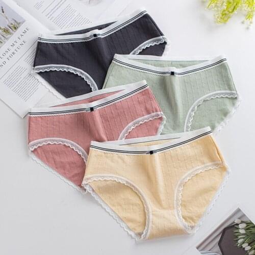 Women Traceless Cotton Briefs Breathable Jacquard Lace Panties Bow Low-rise Striped Lace Menstrual Lingerie Underwear Plus us XL
