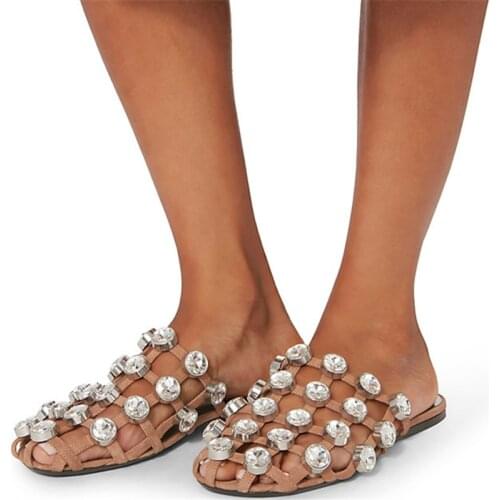 Amelia Slipper Runway Leather Sandalias Mules Cuts Outs Beading Caged Women Studded Flat Slide Gladiator Sandals Shoes Women