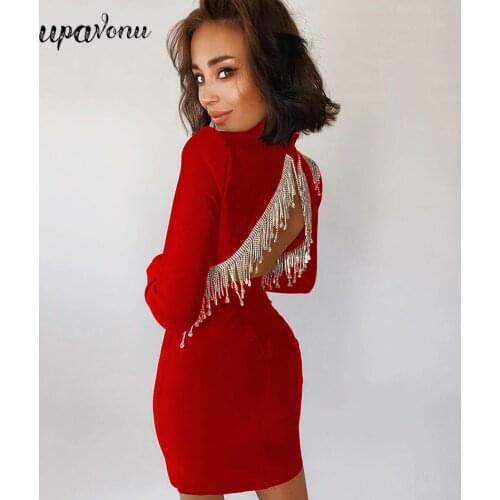 Free Shipping 2020 Autumn Women Red Tassel Mini Club Bodycon Bandage Dress Sexy Backless Celebrity Runway Party Dresses Vestidos