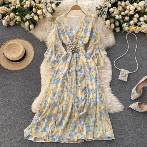 FMFSSOM Bohemian Style Flower Maxi Dress Women Summer Bow Belt Elastic Waist Withe with Lining V-neck Betterfly Sleeve Clothes