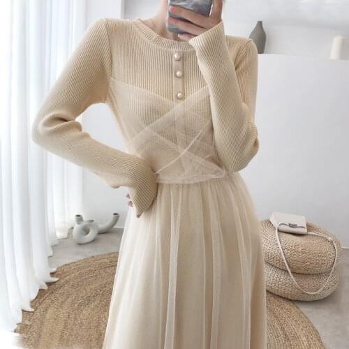Flectit Contrast Tulle Rib Knit Dress Long Sleeve High Waist With Buttons Pleated Midi Dress Elegant Womens Spring Trendy